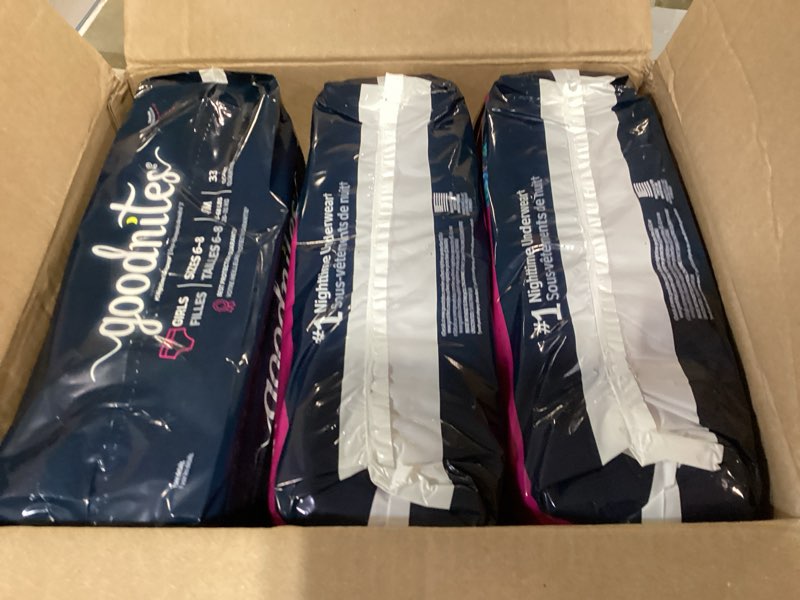 Condition photo showing Good Condition for goodnites girls' nighttime bedwetting underwear, size s/m (43-68 lbs), 44 ct (2 packs of 22), packaging may vary small/medium 44