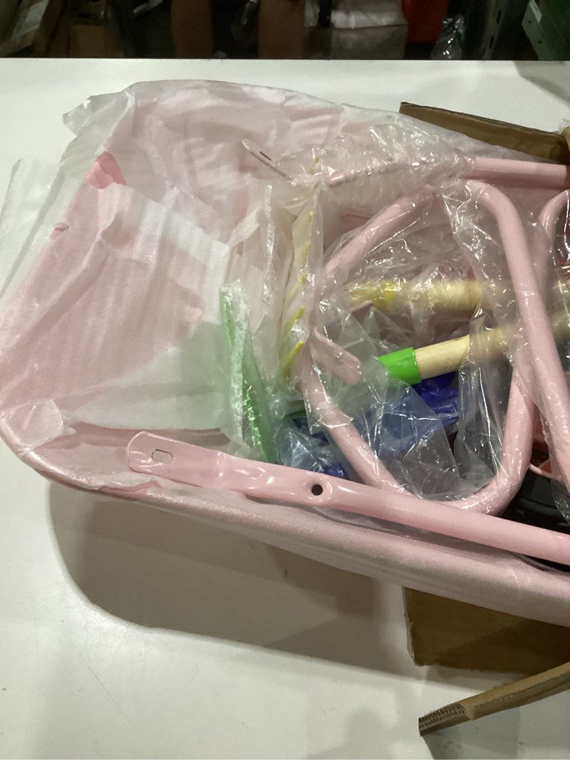 Condition photo showing Good Condition for daisyinner 5 pcs kids gardening tool set include kids wheelbarrow metal small toddler wheelbarrow wagon with 4 piece kids shovel, rake, hoe, leaf rake wooden gardening tools for boys and girls (pink)