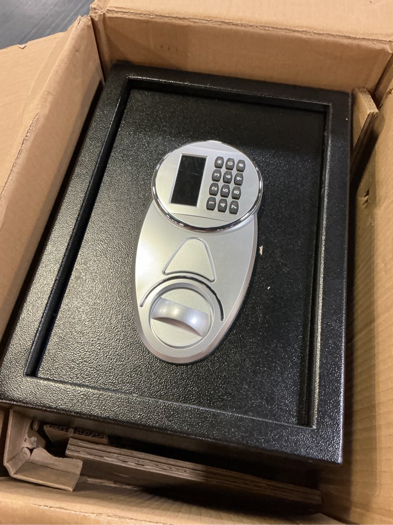 Condition photo showing As Is for ( the key is missing)amazon basics steel security safe and lock box with electronic keypad, for cash, jewelry, documents, black, 0.5 cubic feet, 13.8\" w x 9.8\" d x 9.8\" h