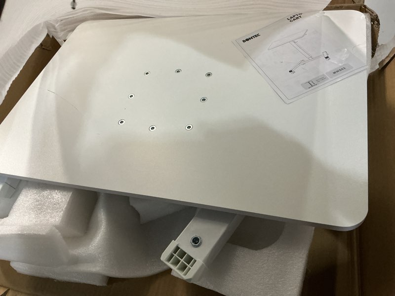 Condition photo showing Good Condition for bontec mobile standing desk adjustable height, rolling laptop cart with hook, portable workstation with pneumatic lift, ergonomic table with wheels, compact home office desk, white 25.6" x 17.7"