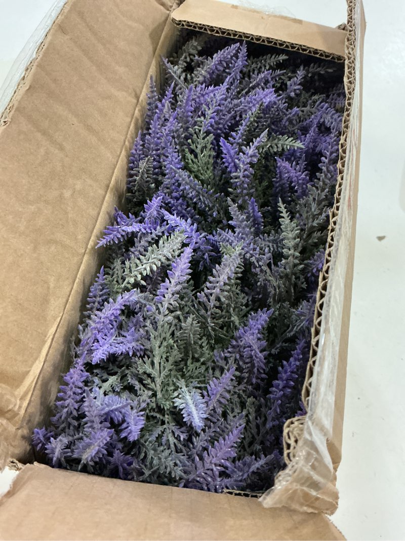 Condition photo showing New/Like New for fake lavender flower arrangement in rustic rectangular wood planter box artificial potted lavender plant for gifts farmhouse wedding centerpiece kitchen windowsill table shelf indoor greenery decor