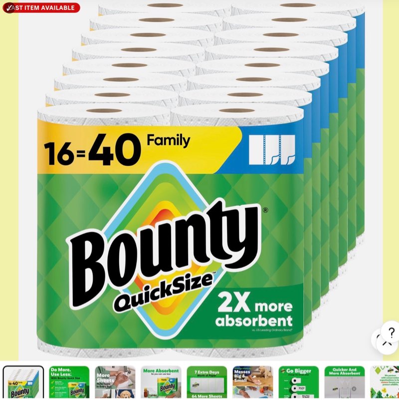Bounty Paper Towels Quick Size White 16 Family Rolls = 40 Regular Rolls