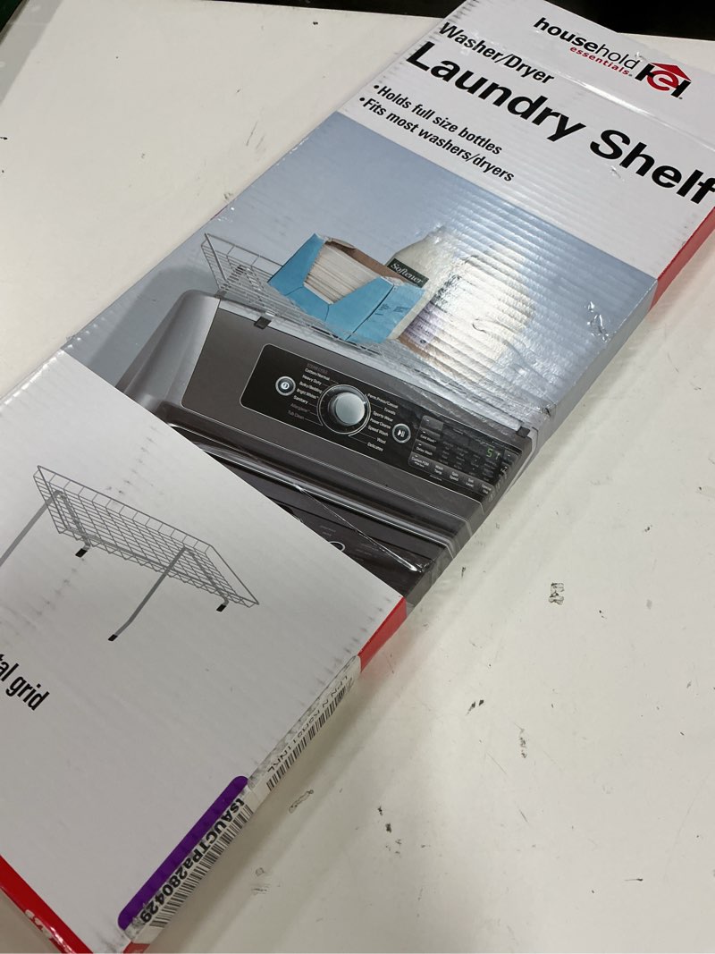 Condition photo showing New/Like New for household essentials rear display over-the-washer storage shelf to organize and store laundry room supplies, silver
