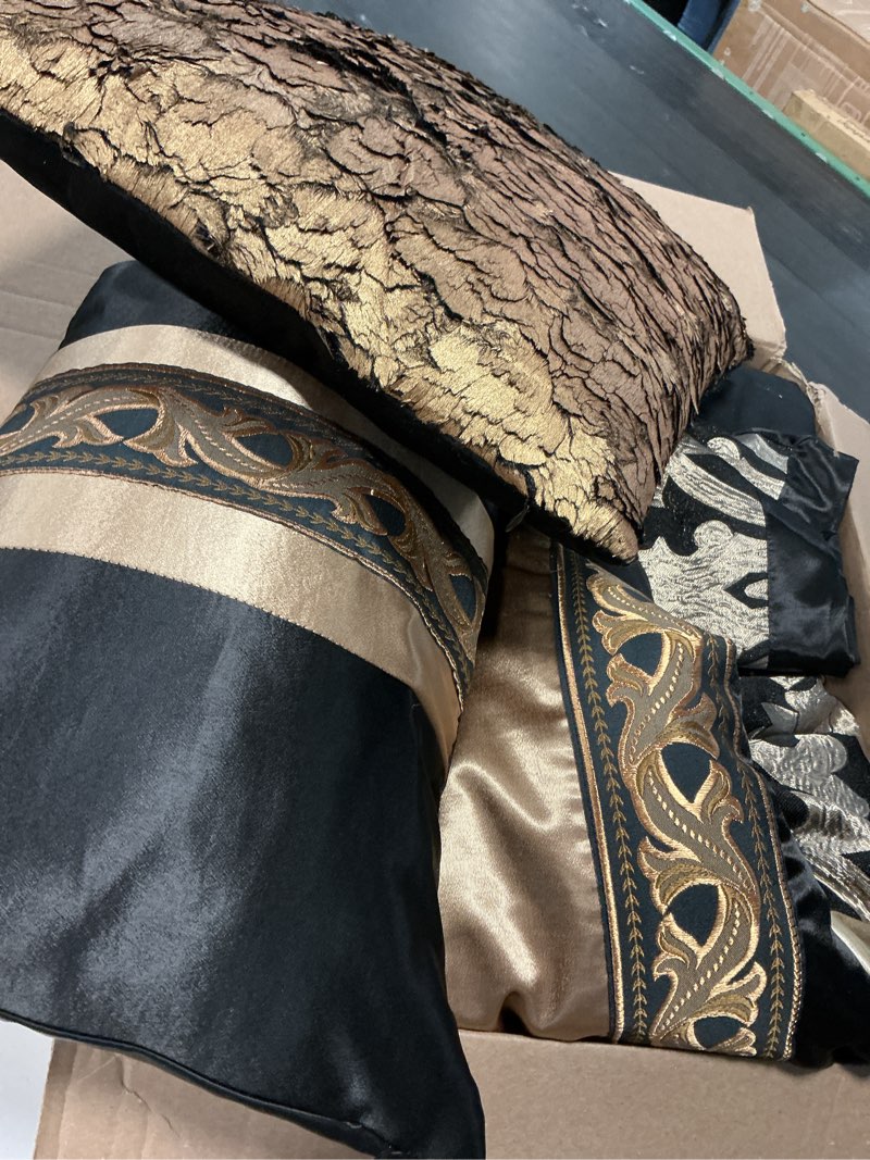 Condition photo showing Good Condition for cozydh black and gold jacquard comforter set - 7 piece queen luxury damask patchwork design, all-season down alternative bedding with bed skirt, shams, decorative pillows, 90x90 in black and gold queen (90 in x 90 in)