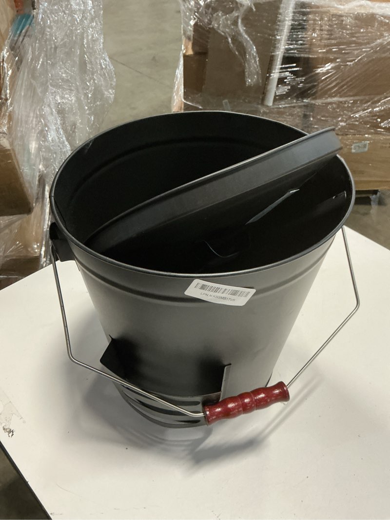 Condition photo showing As Is for F2C 5.5 Gallon Large Ash Bucket with Lid and Shovel Fireplace Tool Set,Galvanized Metal Coal and Hot Ash Pail for Fireplace, Fire Pits, Wood Burning Stoves, Grill, Outdoor,Home Black