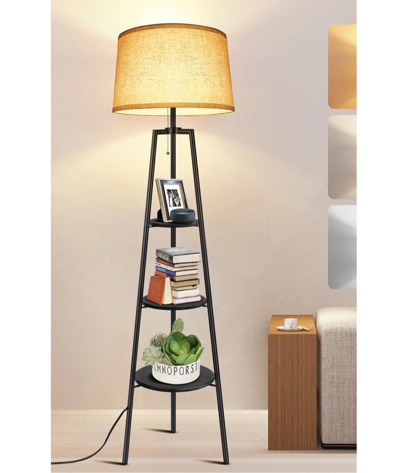Modern Black Tripod Floor Lamp With 3-Tier Storage Shelves & Adjustable Color Temperature