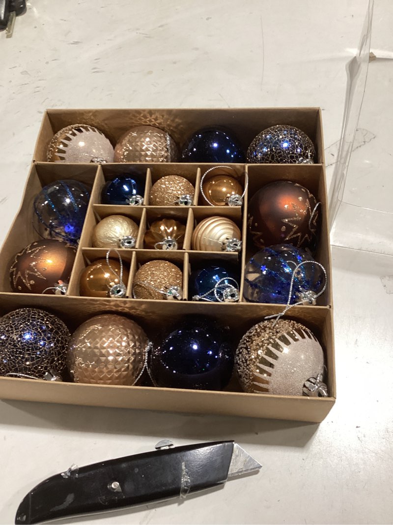 Condition photo showing Good Condition for DecorbyHannah Christmas Ornaments Set, 21ct Blue Copper Gold Ornaments for Christmas Tree Decorations, Celestial Shatterproof Plastic Decorative Hanging Ball Bulk for Xmas Holiday Indoor Party Decor