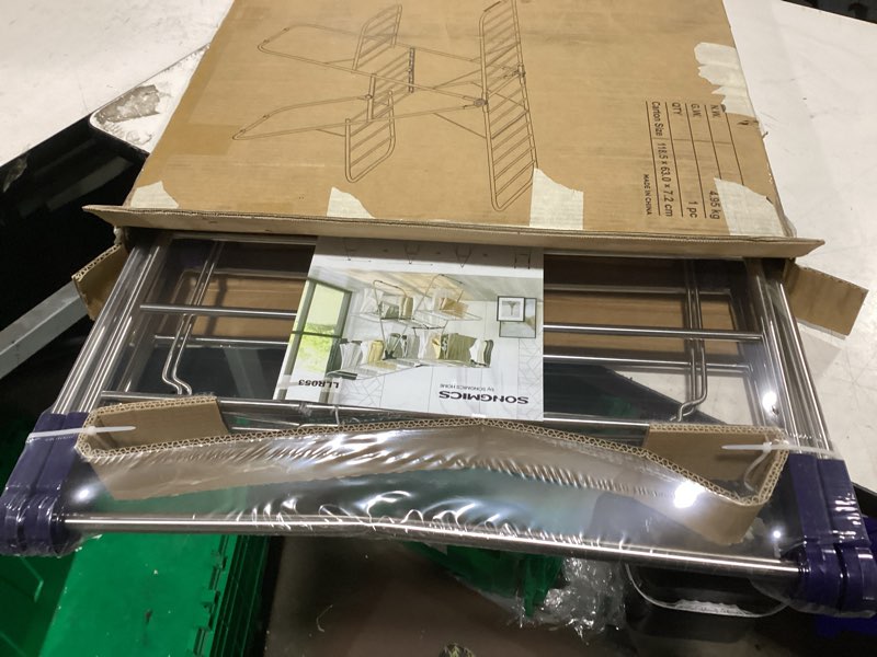 Condition photo showing New/Like New for songmics clothes drying rack, foldable 2-level laundry drying rack, free-standing laundry airer, with height-adjustable wings, 33 drying rails, sock clips, silver and blue ullr53buv1 silver + blue 2 tiers?22"d x 61.8"w x 64.3''h )
