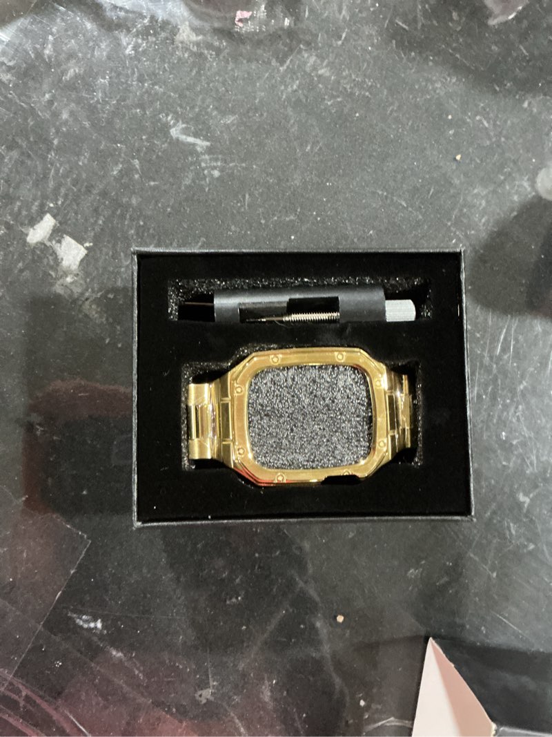 Condition photo showing New/Like New for stainless steel watch band with case compatible with apple watch series 9 8 7 (45mm), rugged strap with metal protective bumper cover for iwatch bands men (gold) gold 45mm (series 9 8 7)