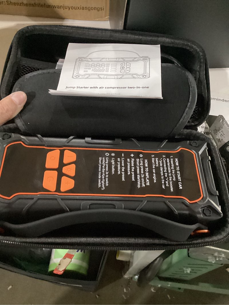 Condition photo showing Good Condition for battery jumper starter portable, jump starter with air compressor-4000a 12v (7.0l gas/ 6.0l diesel) with 160psi tire inflator, 10000mah jump box car battery jump starter, jumper cables, led light