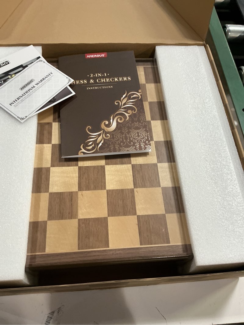 Condition photo showing Good Condition for amerous 15" x 15" wooden chess & checkers set with built-in storage drawers/weighted chess pieces / 2 bonus extra queens / 24 cherkers pieces/classic 2in1 board games for kids, adults
