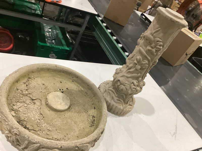 Condition photo showing As Is for 27-in h desert sand concrete complete birdbath (damaged)