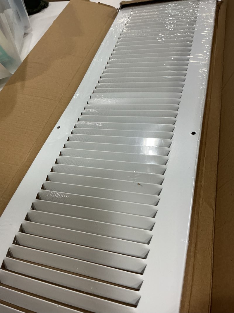 Condition photo showing New/Like New for hvac premium 6" x 28" [duct opening] flat stamped steel return air grille - sidewall and ceiling - hvac vent duct cover - white [outer dimensions: 7.75w x 29.75h]