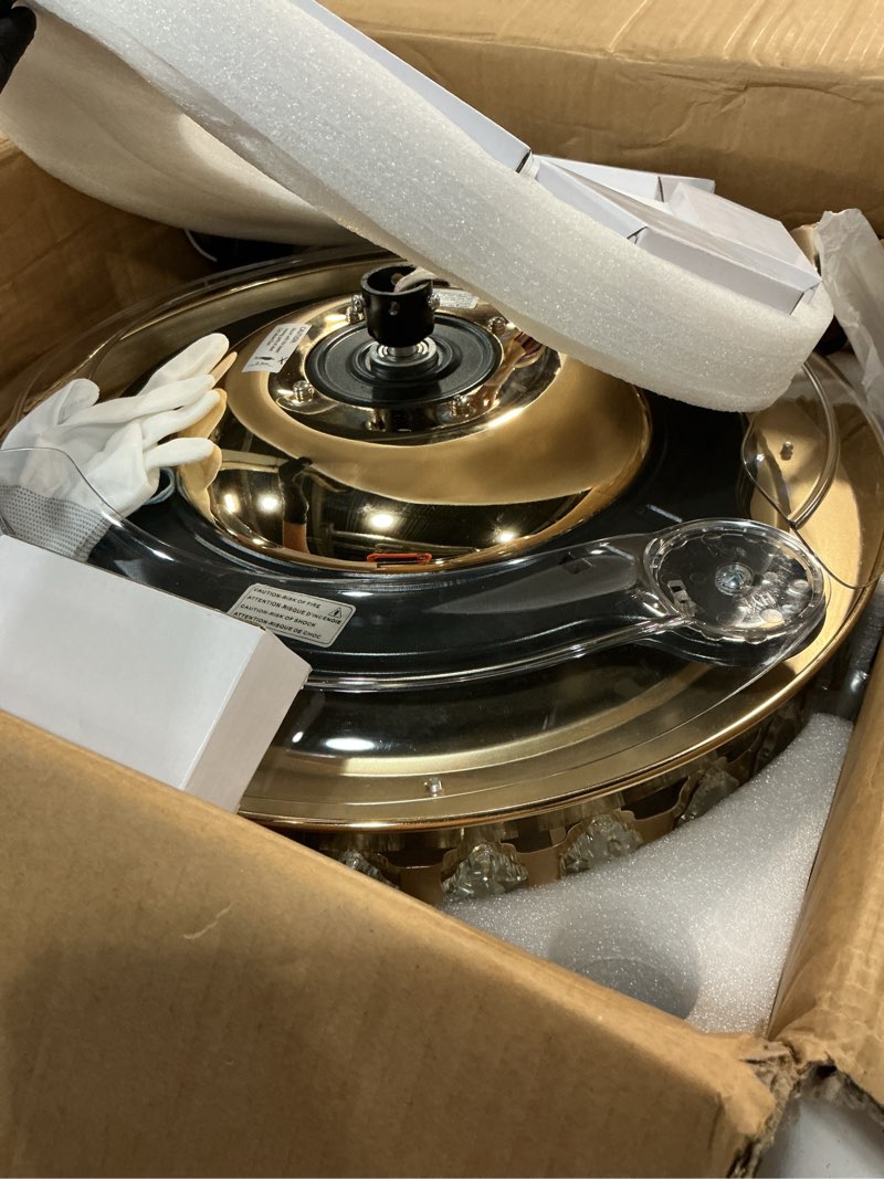 Condition photo showing Good Condition for 42 inch fandelier ceiling fan with light, chandelier fan retractable ceiling fan for bedroom, living room, led dimmable, 3 color, 6 wind speed-gold