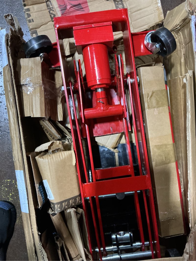 Condition photo showing As Is for jack boss 3 ton floor jack, 6600lbs capacity hydraulic car jack, low profile portable jack with dual pumps, quickly lift steel service jack, lifting range 3-1/8" min to 20" max red 3 ton dual pump red
