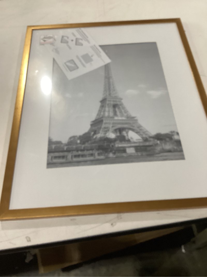 Condition photo showing New/Like New for 11x14 Picture Frame Gold Shiny Brushed Aluminum Metal 11 x 14 Gold Frame with Mat for 8x10 and Shatterproof Plexiglass Photo Frame for Art Gallery Wall Decor