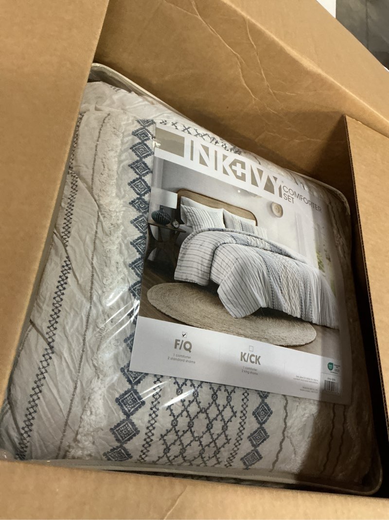 Condition photo showing New/Like New for ink+ivy queen comforter set, boho comforters, breathable cotton bed set, all season modern chenille tufted comforter with farmhouse bedding flare, gifts for woman, white/navy 3 piece comforter set full/queen navy
