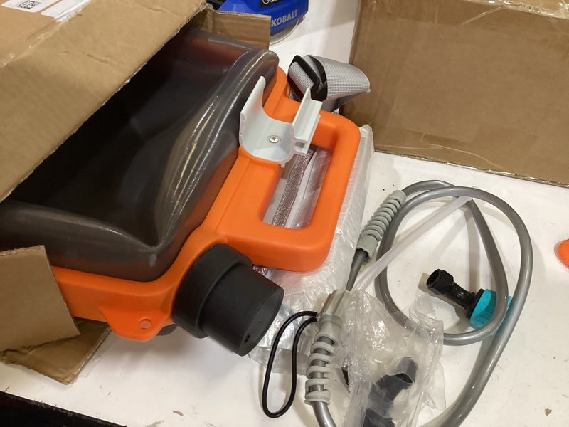 Condition photo showing As Is for 2 gallon electric garden sprayer, battery powered weed sprayer with telescopic wand, 3 adjustable nozzles, garden sprayer with collapsible tank, shoulder strap for lawn care, plant watering & cleaning