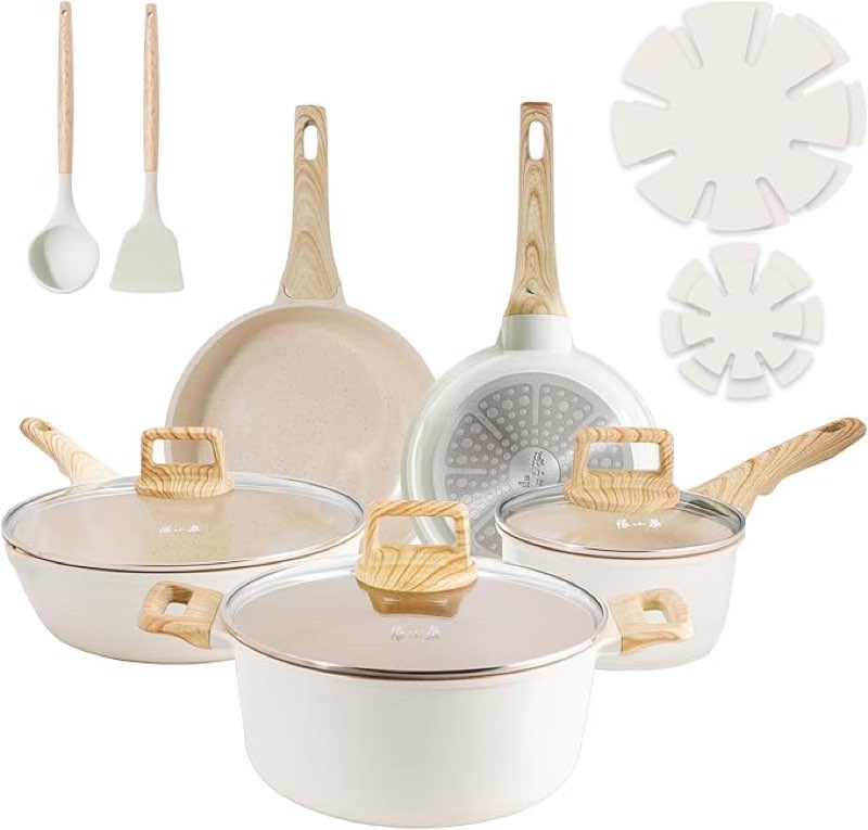 zhang xiao quan since 1628 pots and pans - 13pcs aluminium non stick cookware set, taupe, oven safe,