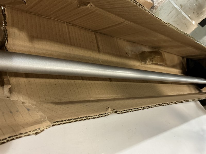 Condition photo showing As Is for heavy duty curtain rods for windows 48 to 84 inch - 1 inch silver curtain rod - adjustable decorative drapery rods with stacking tower translucent finials and aluminum bracket silver 48-84"