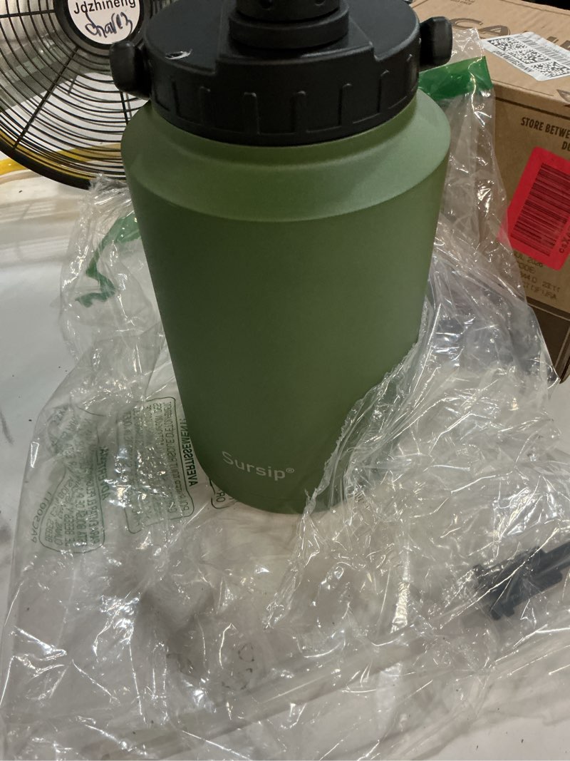Condition photo showing New/Like New for sursip 1 gallon insulated water jug wtih straw, stainless steel large sports one gallon water bottle for travel, hiking, camping 128 oz (amry green) 128 ounces army green