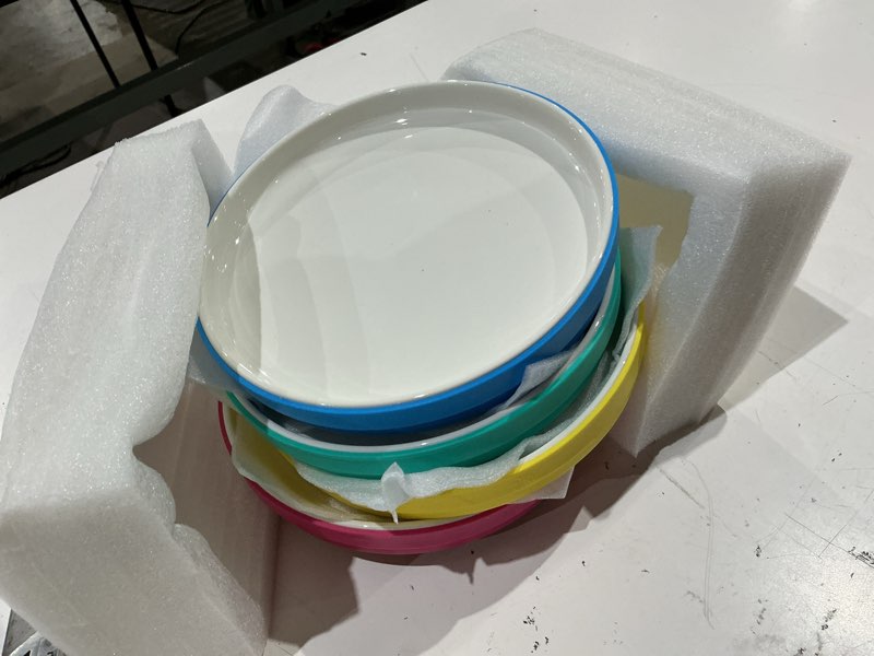 Condition photo showing Good Condition for elk and friends kids 7.8” porcelain white plates with silicone sleeves | suitable for babies/toddlers | microwave & dishwasher safe | non slip dinnerware | snack dishes | 4 pack pink/teal/blue/yellow 7.8" non divided (sleeve)