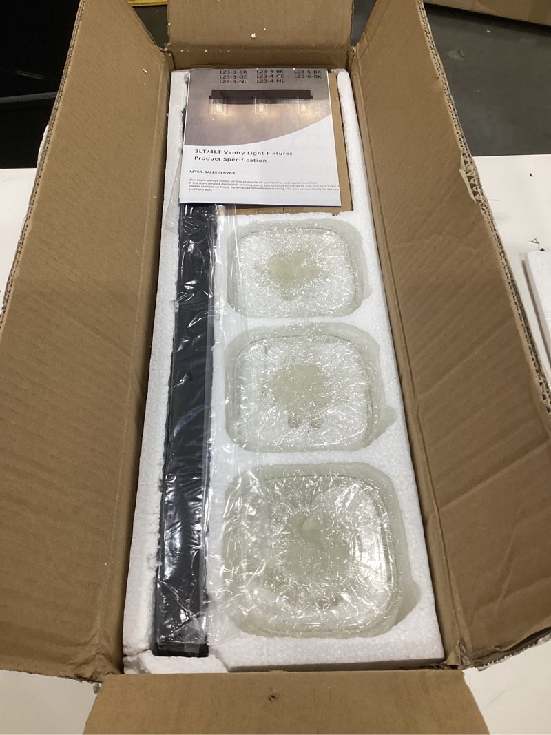 Condition photo showing As Is for bathroom lighting fixtures over mirror, square design & rectangle large backplate, 3 lights morden vanity lighting fixtures, bathroom light fixtures for bathroom/living room/bedroom, black black 3-light