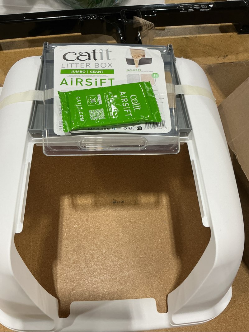 Condition photo showing As Is for just the top no bottom. catit airsift jumbo hooded litter pan, warm gray/white - privacy an d easy access for cleaning - ideal for larger or multiple cat households
