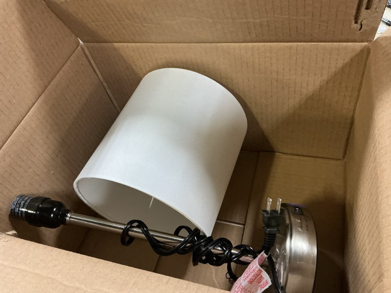 Condition photo showing As Is for mainstays 19  modern silver stick lamp with white fabric shade and usb port