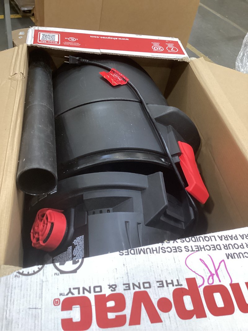 Condition photo showing As Is for shop-vac 5801411 14-gallon wet/dry shop vacuum, 5.5 peak hp, 2.5 inch diameter x 7 foot hose, 20 foot cord, ideal for home, garage, and workshop cleaning