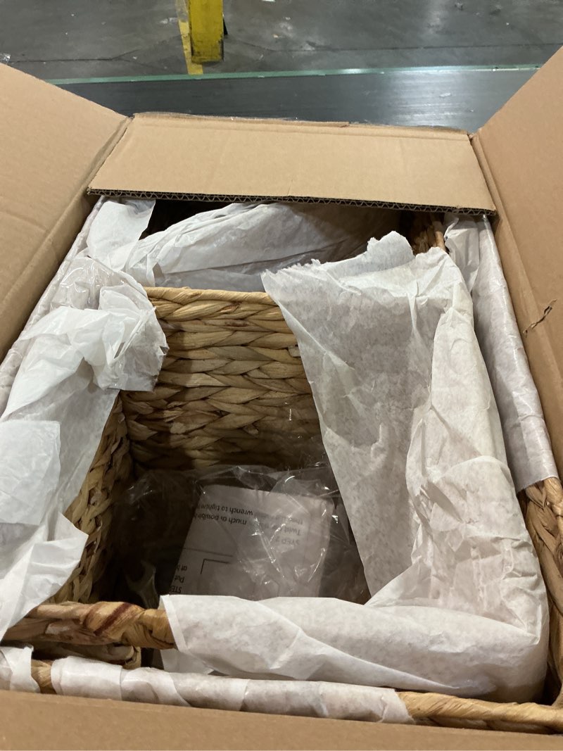 Condition photo showing Good Condition for PEMAR Rolling Wicker Storage Basket Set of 2 – Natural Water Hyacinth & Seagrass Bins on Wheels with Removable Divider & Insert Handles – Nesting Design for Under Desk, Home & Office Organization Wather Hyacinth