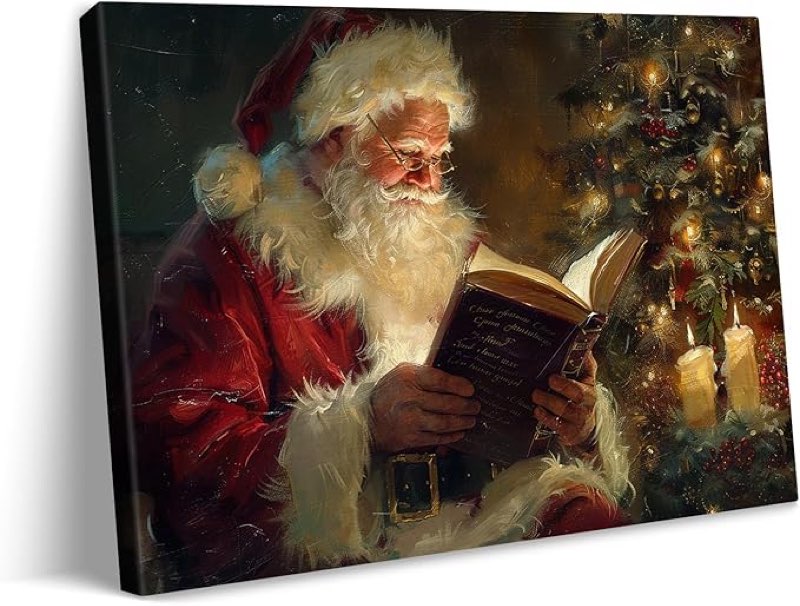 vandlife Vintage Christmas Canvas Wall Art Santa Claus Reading by the Fireplace Painting Prints Merry Christmas Poster Holiday Gifts for Living Room Office Decor Framed and Ready to Hang 36x24in
