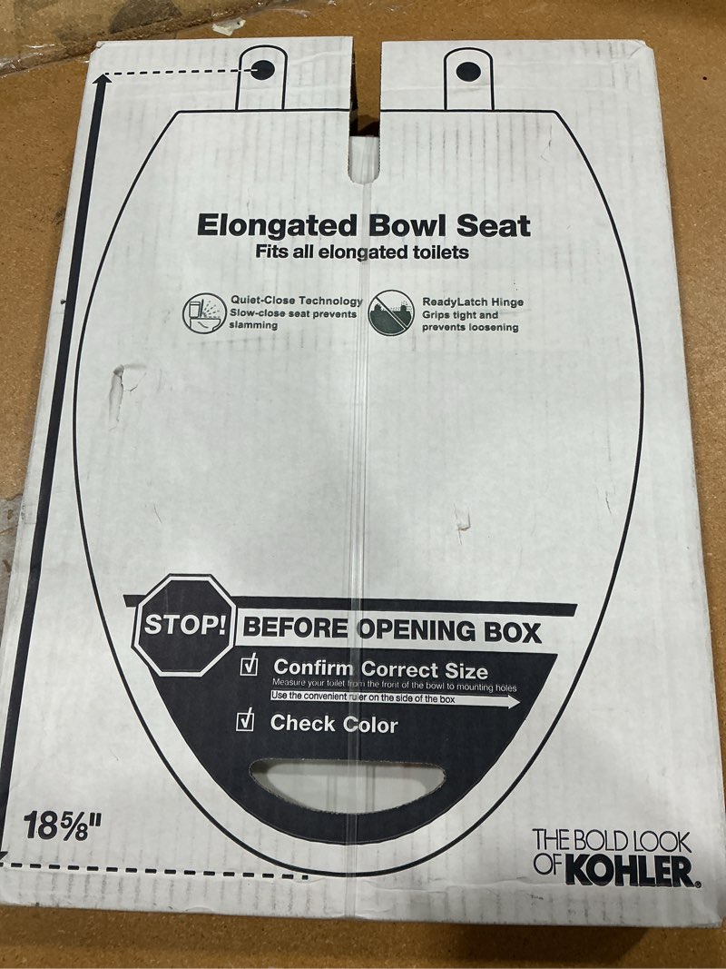 Condition photo showing New/Like New for kohler k-25883-0 triko elongated closed-front toilet seat and lid with quiet-close technology, white
