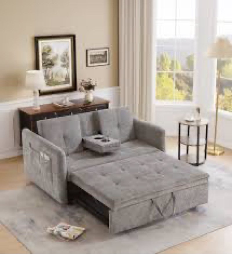 57" 3 In 1 Convertible Sleeper Sofa Bed with two cup holders, Futon Couch with Side Pocket, Usb