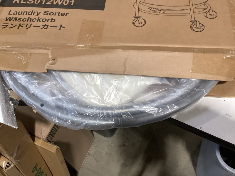 Condition photo showing New/Like New for songmics 63.5-gallon (240 l) laundry basket with wheels, rolling round heavy-duty laundry hamper cart with steel frame and removable bag, 2 locking wheels, cream white and metallic silver urls012w01 cream white + metallic silver 240 l (2-section)