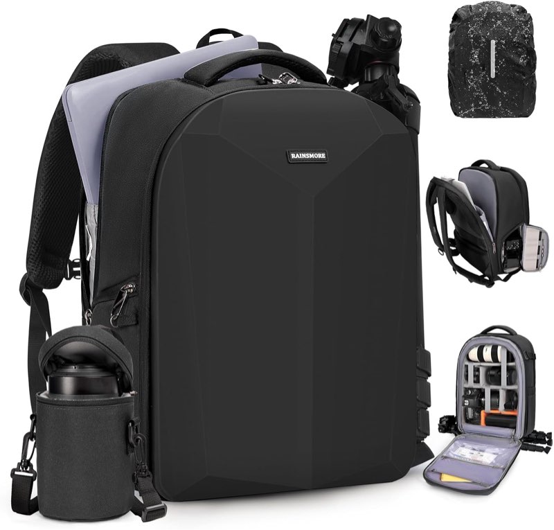 RAINSMORE Camera Backpack Hard Shell for DSLR/SLR Waterproof Camera Bag with Laptop Compartment 15.6 Inch Professional Camera Case with Rain Cover Photography Backpack Bag with Camera Lens Case Black  