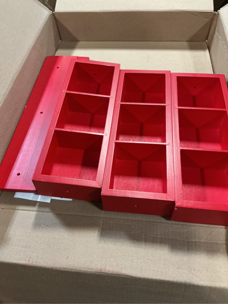 Condition photo showing As Is for 3 Tier Wooden Hot Cocoa Bar Organizer with 9 Compartment, Red Christmas Chocolate Bar Station for Snack Mug Coffee Supplies, Holiday Warming Gift Home Kitchen Decor(14.2 x 4.72 x 16.6 in)