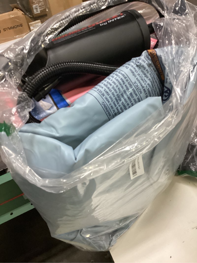 Condition photo showing As Is for intex 66810fl inflatable kidz travel bed set, includes hand pump and carry bag, removable mattress, quick inflation, indoor use, 42in x 66in x 10in, blue with star print frame