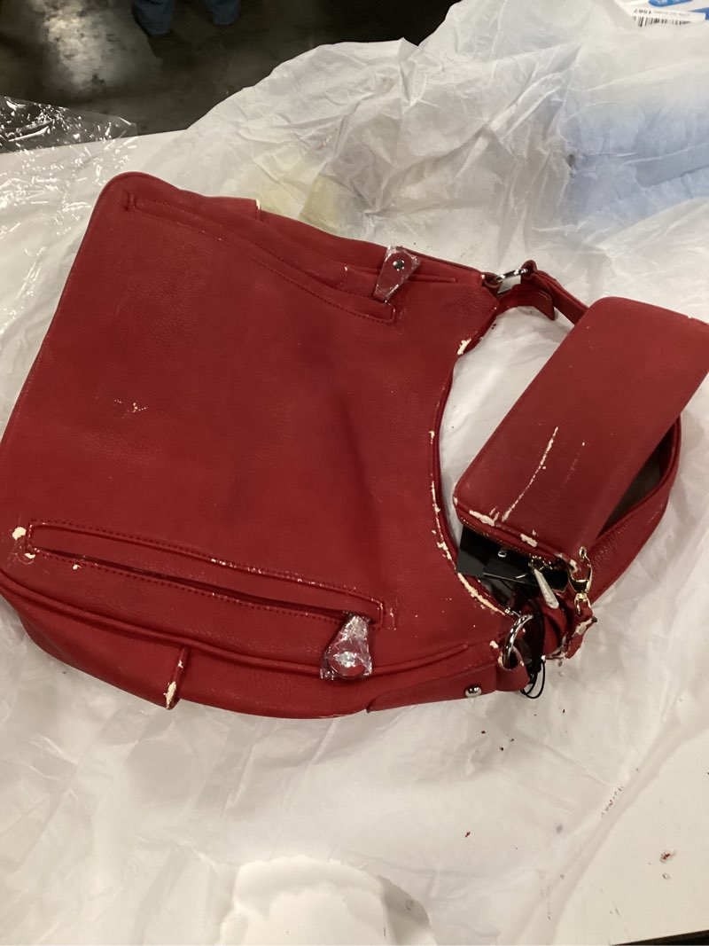 Condition photo showing As Is for y2k vintage style red leather shoulder bag purse silver studs & buckle detail