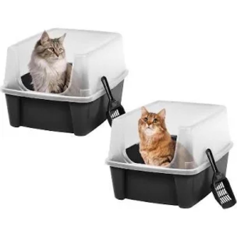 IRIS USA 2 Pack Large Open Top Cat Litter Box with High Sides, Scatter Shield & Scoop, Black