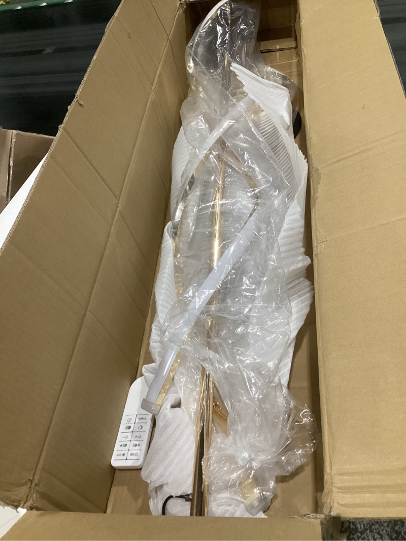Condition photo showing As Is for (not tested)led modern floor lamp for living room, 40w 3 colors stepless dimmable and color-changing bright floor standing lamp,60\" unique spiral floor tall lamp for bedroom office with remote,gold gold-dna