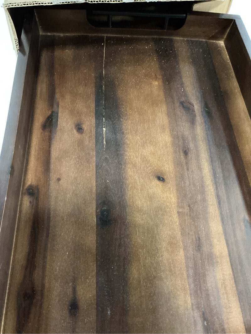 Condition photo showing As Is for 20 Inch Acacia Wood Ottoman Tray for Living Room - Coffee Table Trays, Serving Tray with Handles for Ottoman Table, Decorative Trays for Home Decor, Charcuterie Boards (Walnut Color) Walnut Color 20" x 14" x 2.3"