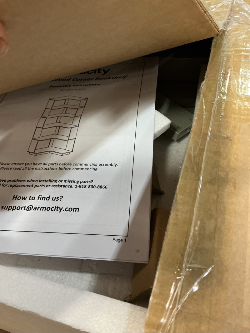 Condition photo showing As Is for armocity corner book shelf - 4 tier corner bookshelf etagere bookcase with baffle, freestanding l shaped display shelf stand for home office, living room, bedroom, kitchen, crab green crab green 4-tier