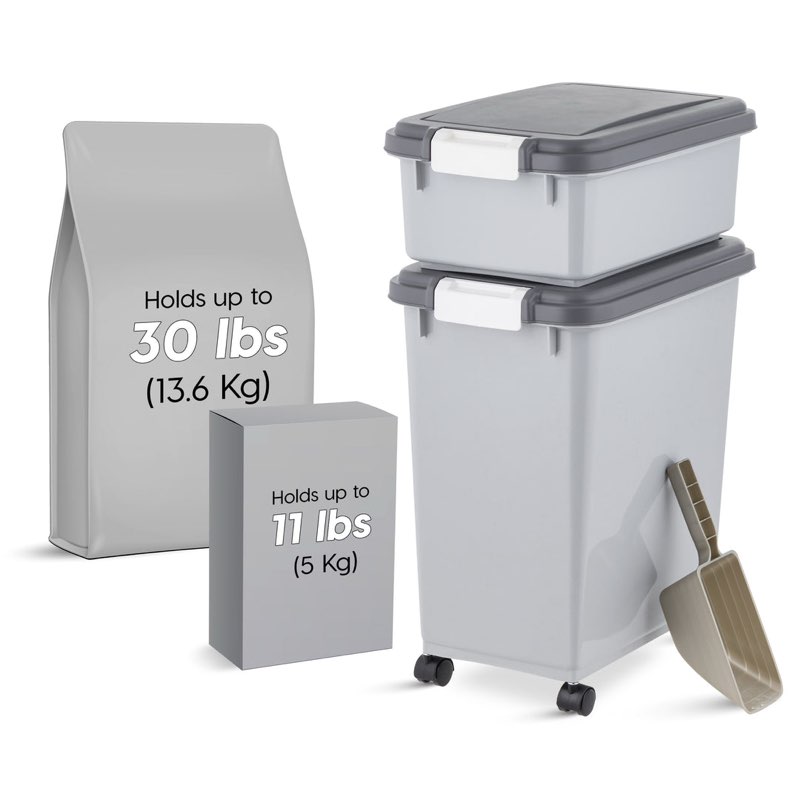 airtight dog food storage container with wheels, up to 30 lbs & 11 lbs, 2-cup scoop, cat dog treat wet food cans toys storage container, stackable, portable, gray