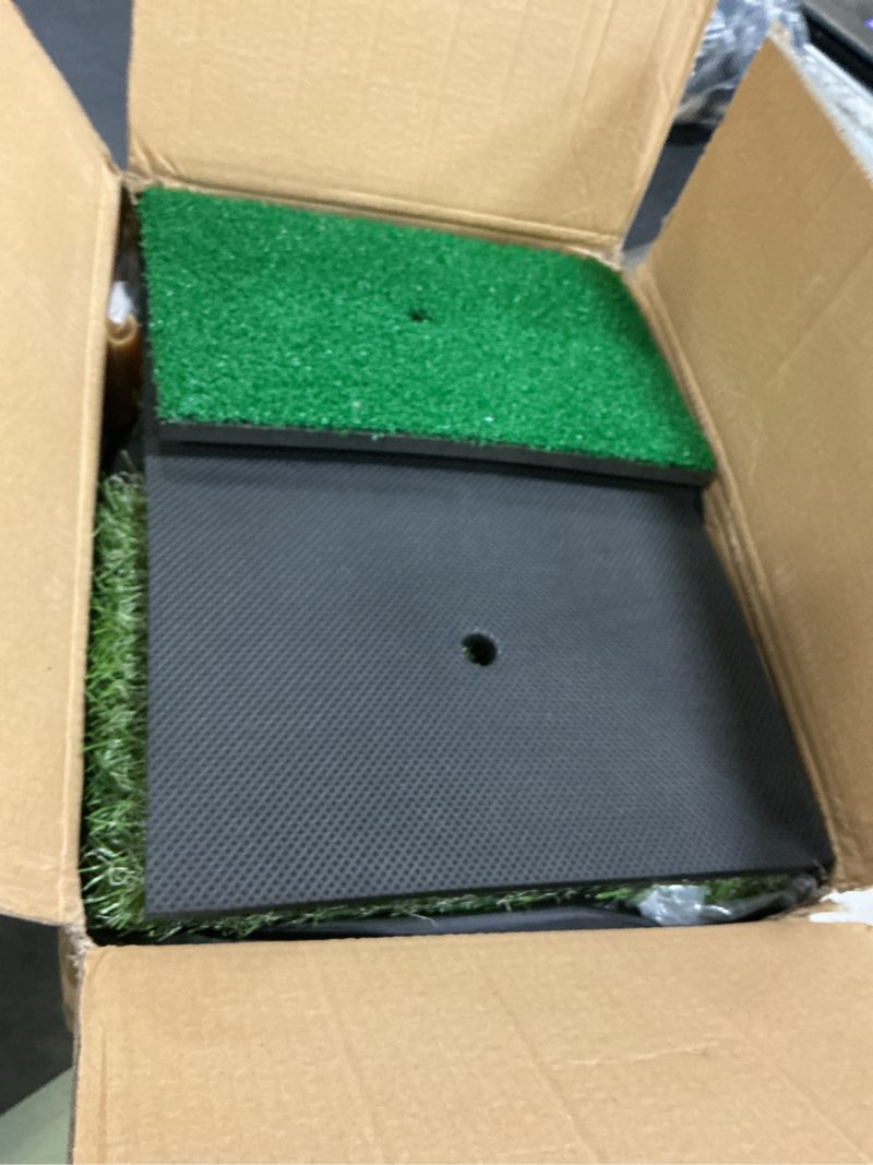 Condition photo showing Good Condition for golf net: 10x7ft golf practice net for backyard driving, hitting net with tri-turf mat, indoor training chipping aid nets with reduce noise nylon target, gifts for men/dad/him all-season