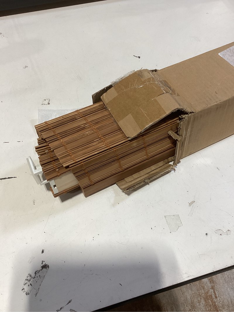 Condition photo showing New/Like New for no drill no tools bamboo roman shades, cordless light filtering window blinds with valance, natural woven wood shades for living room dining room, brown, 36" w x 64" h brown 36"w x 64"h
