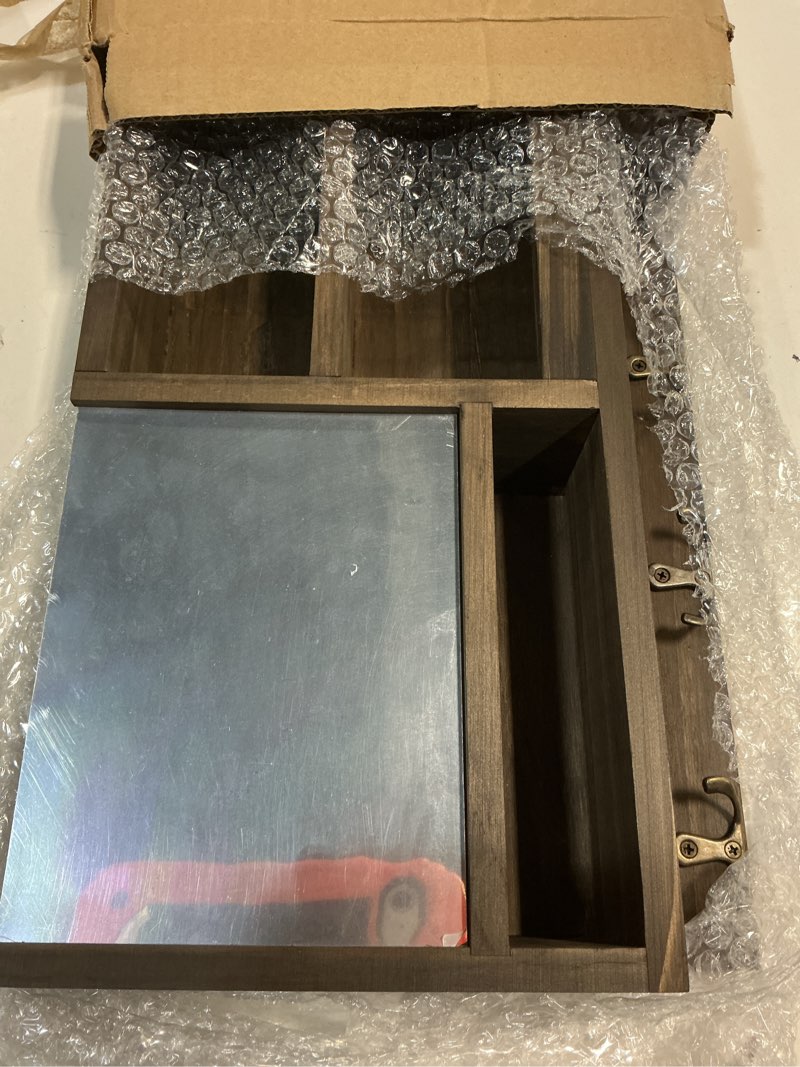 Condition photo showing Good Condition for weweow key holder for wall, mail organizer wall mount with key hooks and chalkboard & mirror for sunglasses storage and dog leash hanger, decorative with 4 double hooks dark brown