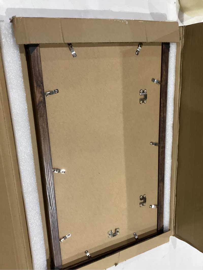 Condition photo showing Good Condition for 12x22 Picture Frame Set of 2, Rustic Brown with Glass Collage Frame, Display Eight Opening 4x6 Photos With Mat or 12 x 22 Newspaper Without Mat - Horizontal or Vertical Wall Mounting 12x22 in matted to 8-4x6 Rustic Brown