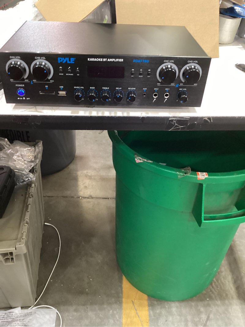 Condition photo showing As Is for pyle home stereo receiver with bluetooth - 4 channel amplifier, 800 watt max, usb-a input w mp3 player, easy karaoke setup with mic vol, reverb and delay, rca in/out, sd card, fm radio - pda77bu