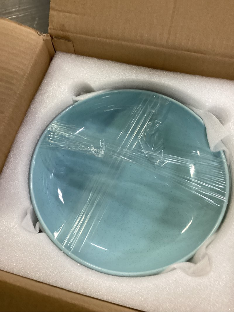 Condition photo showing New/Like New for happy kit stoneware pasta bowl set of 4, 9'' large salad bowls,42 oz, reactive glaze serving bowls, microwave dishwasher safe, ocean current blue oceanblue